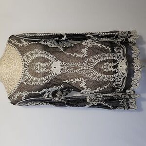 Cover Stitched Women's Black White Mesh Embroidered Long Sleeve Boat Neck Top L